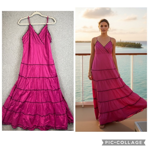 metrostyle Dresses & Skirts - MetroStyle fuchsia maxi dress size 16 tiered colorful strappy ruffled cottage